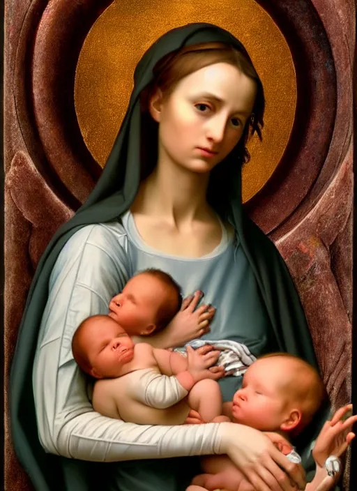 Prompt: realistic detailed 8k photo of futuristic holy cyborg-mother holding a newborn baby child in hands by Raphael Santi, Neo-Gothic, gothic, rich deep colors. masterpiece