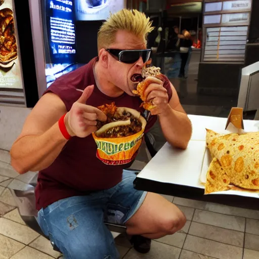 Image similar to duke nukem eating a burrito in a shopping mall