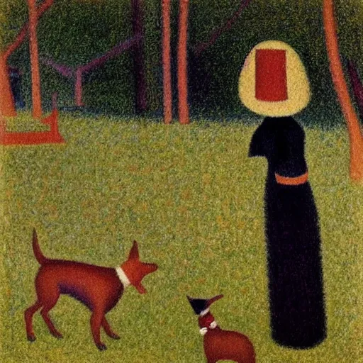 Image similar to a woman and her black and brown chihuahua in a park by georges seurat