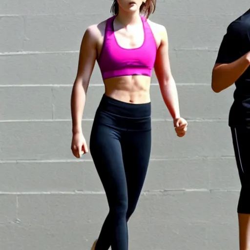 Image similar to emma watson working out in a gym, tight sports clothing, sweating, abs