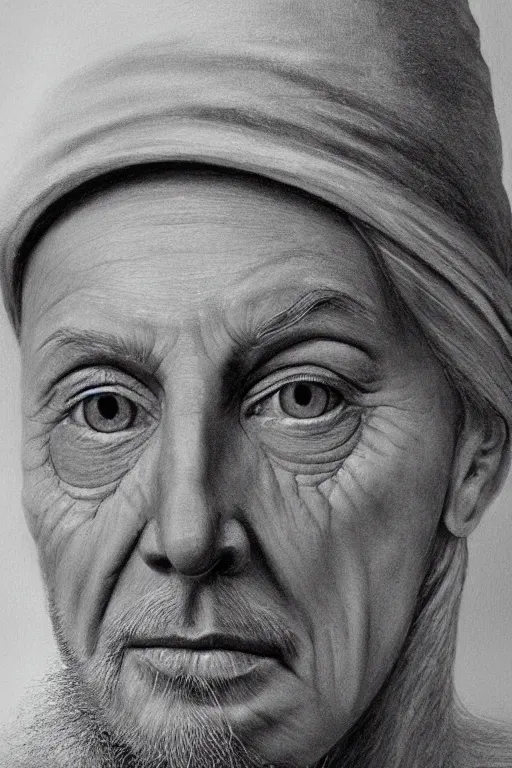 Image similar to hyperrealism close-up portrait a face divided in half into young and old in style of da Vinci