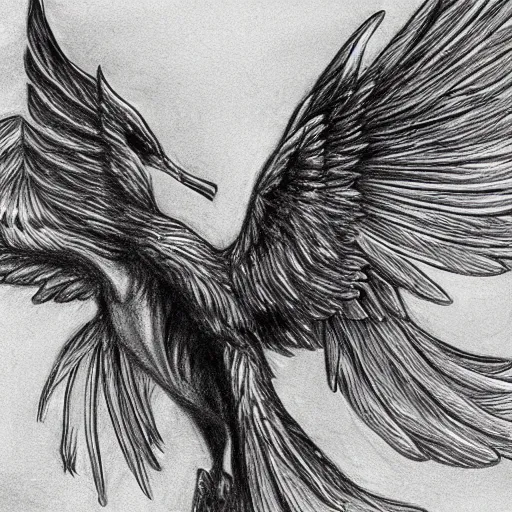 Prompt: very details pencil drawing of a phoenix taking flight straight from the fire