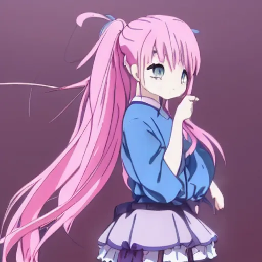 Image similar to pink - haired girl with blue ribbons in her hair, anime, kyoto animation, magical, sharp