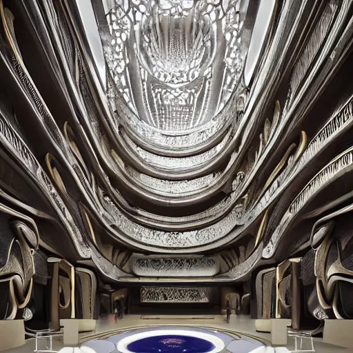 Image similar to giant Mars art center designed by Zaha Hadid with baroque elements. Ultra futuristic design that combines ornate baroque with clean organic forms.. Beautiful, enormous space with epic details