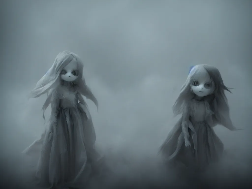 Image similar to cute fumo plush girl ghost in the haze of the murky river, smoke and volumetric fog, tattered gothic horror maiden, fallen angel, light shafts, light and shadow, vray