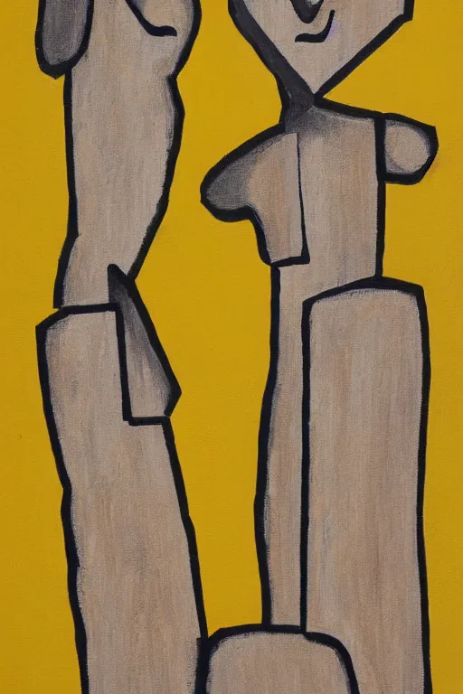 Image similar to neo cubistic painting of two tall figures, sandy yellow muted colors, in the style of Jessalyn Brooks