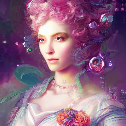 Image similar to Beautiful rococo victorian princess, cyberpunk vaporwave glitchwave art, 4k digital illustration by artgerm, wlop, Andrei Riabovitchev, Marc Simonetti, yoshitaka Amano, artstation, 8k resolution, soft focus