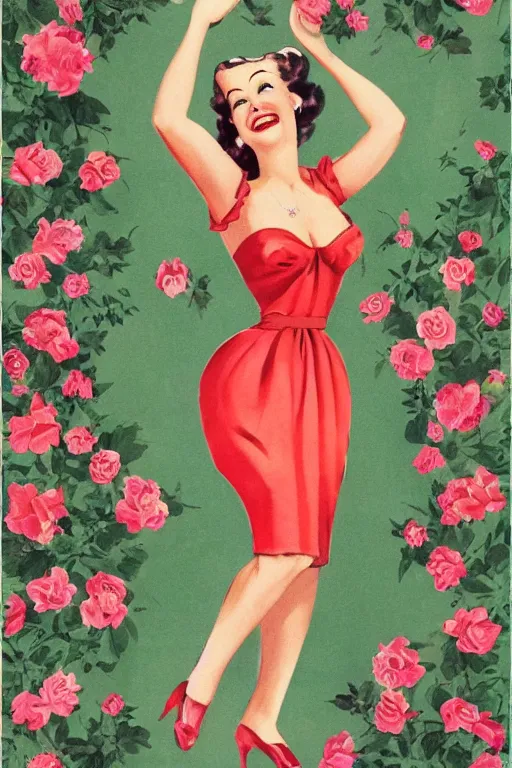 Image similar to a full view portrait of a beautifull woman, wearing a dress,with a beautifull smile,a garden background.in american style pin up.anatomically correct