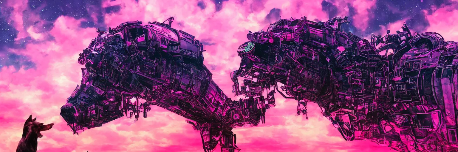 Prompt: hyperdetailed illustration, portrait big dark dog, mohawk, stars, pink, big train in space, pirate neon ship, neon, oil painting, rich deep colors masterpiece, ultra detailed, contrast, heaven pink, clouds, volumetric light, atmospheric lighting, dramatic, cinematic, moody, octane render 4 k, 8 k