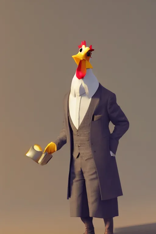 Image similar to a chicken wearing a formal overcoat, hyperrealistic, concept art, octane render, unreal engine 5, trending on artstation, high quality, highly detailed, 8 k, soft lighting, path traced, high coherence, digital art, beautiful, elegant clothes, trending on deviantart, masterpiece