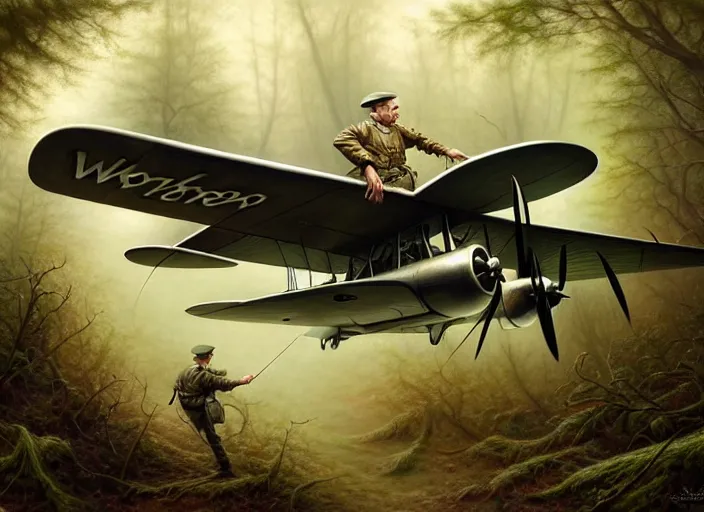 Image similar to a small german ww 2 airplane shot down in the forest, intricate, elegant, highly detailed, centered, digital painting, artstation, concept art, smooth, sharp focus, illustration, artgerm, tomasz alen kopera, peter mohrbacher, donato giancola, joseph christian leyendecker, wlop, boris vallejo