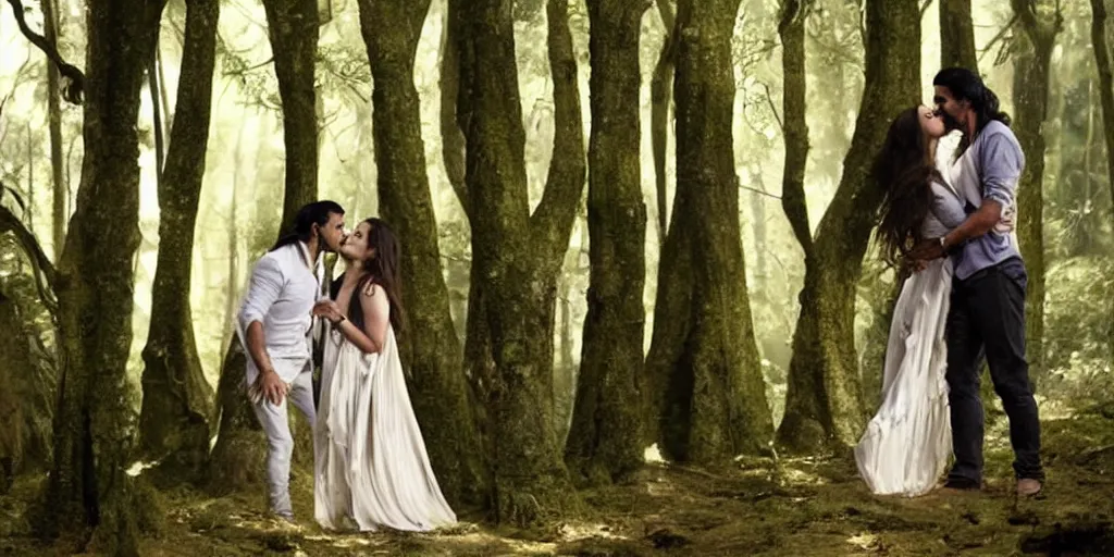 Image similar to kareena kapoor and arjun rampal kissing in a forest, natural lighting, hyper detailed, photographic, cinematic lighting, studio quality.