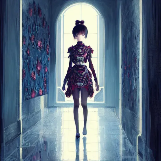 Image similar to beautiful young girl in intricate clothing walking through a hallway made of blood diamonds, reflections, very high intricate details, painting, digital anime art, medium shot, mid - shot, wlop, ilya kuvshinov, artgerm, krenz cushart, greg rutkowski, sana takeda