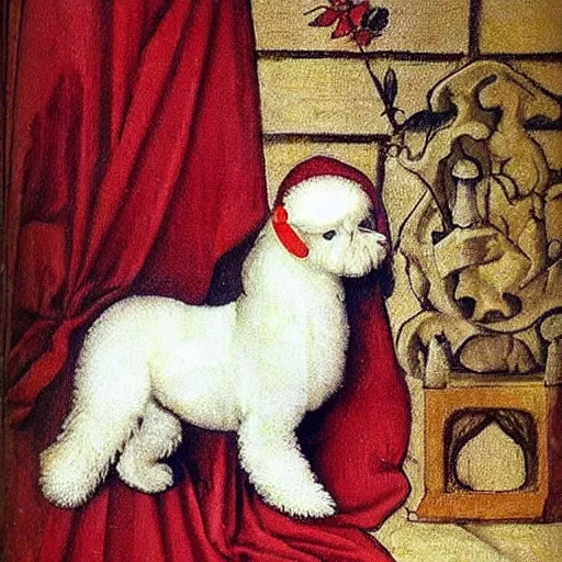 Image similar to bichon frise in a jester outfit dancing, medieval painting