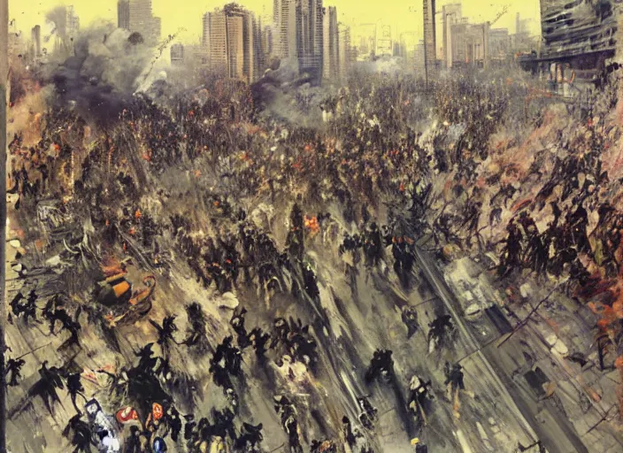 Prompt: a crowd of people running at full speed protesting in a burning and dystopian santiago chile by john berkey and manet