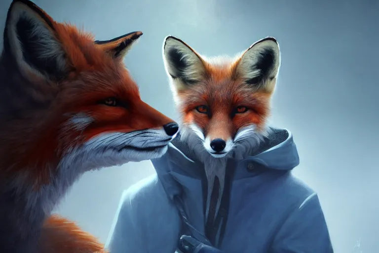 Prompt: portrait of a fox wearing blue coat stood outside a school, trending on artstation, highly detailed, digital painting, volumetric light, concept art, middle focus, illustration, lighting by Marc Adamus, daren bader, aleksi briclot, rutkowski, bouguereau