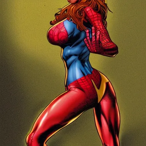 Image similar to awesome drawing of mary jane watson as spider girl, realistic, comic, by mike deodato