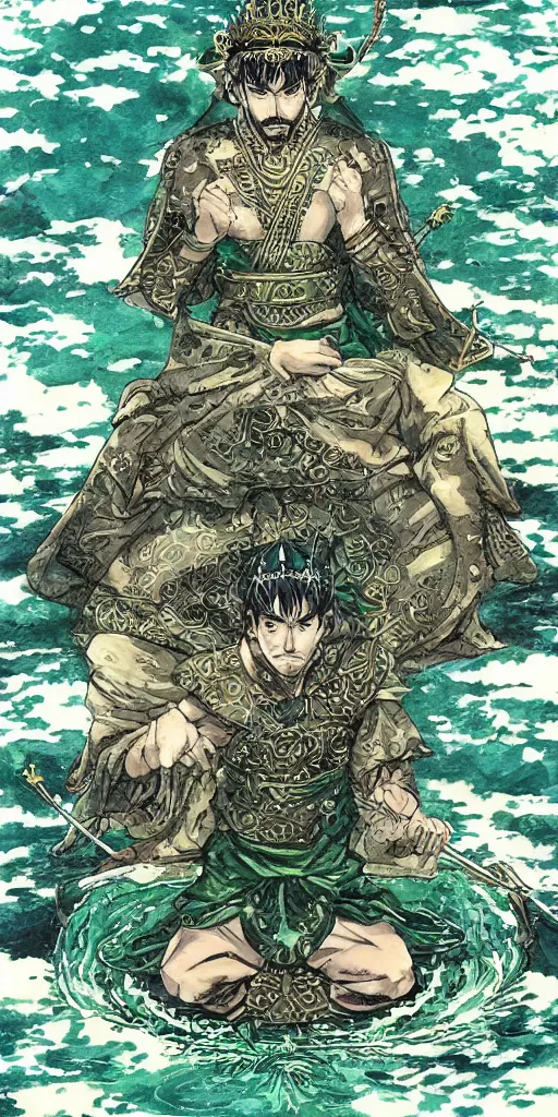 Image similar to a lone emperor sitting on a emerald throne floating on water in the middle of a lake drawn by Makoto Yukimura in the style of Vinland saga anime, full color, detailed, psychedelic, Authority, structure, a father figure, tarot card, The emperor tarot card