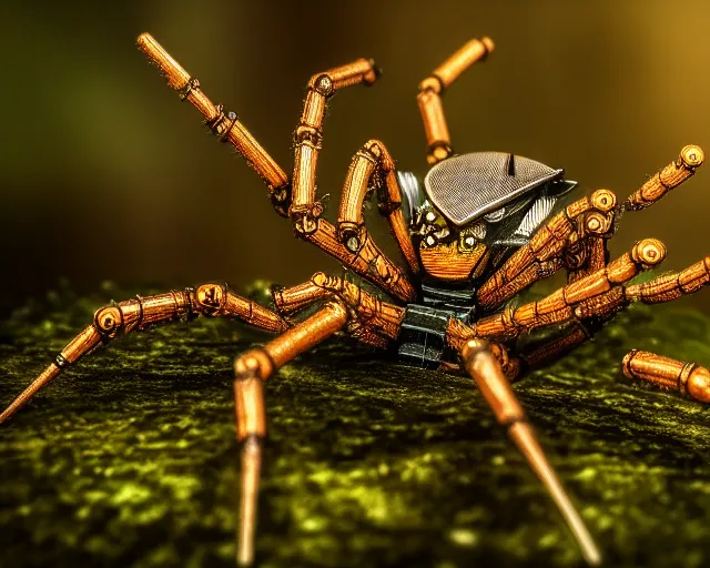 Image similar to photo of a cyborg biomechanical spider in the forest. fantasy cyberpunk style. highly detailed 8 k. intricate. nikon d 8 5 0 5 5 mm. award winning photography.