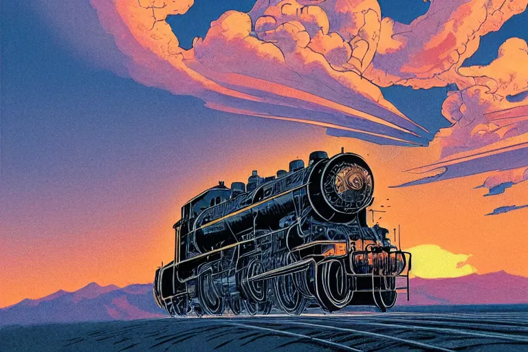 Image similar to old western freight train illustration by joe fenton and syd mead and p. craig russell and barry windsor - smith, artstation, 4 k, graphic novel, concept art, matte painting, steam engine spewing billowy white clouds of steam, beautiful idyllic mountain desert sunset background, golden hour, art nouveau