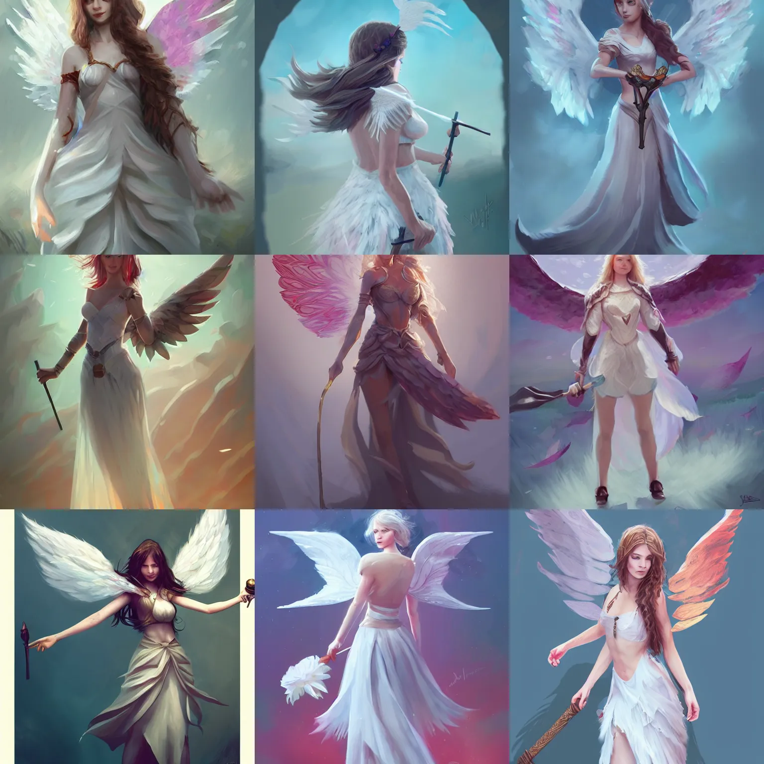 Prompt: a girl with wings made of petals, she is holding a mace, concept art by muggur, white dress, artstation contest winner, fantasy art, concept art, 2 d game art, tarot card