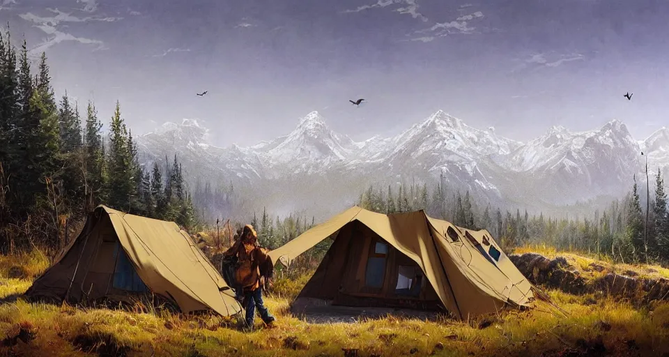 Image similar to cabela's beautiful comfortable carbon framed, modular insulated wall portable container home kit - house all weather family dwelling tent house, person in foreground, mountainous forested wilderness open fields, beautiful views, painterly concept art, environmental concept art, concept art illustration, by james gurney, by craig mullins, by greg rutkowski trending on artstation