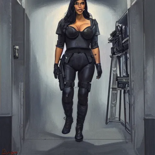 Image similar to kim kardashian as a cop, police uniform, full body view, full pov, haunted house interior, pretty, aesthetic, dust molecules, matte detailed photo, DeviantArt, Artstation, by donato giancola, ralph horley, loish, cinematic lighting