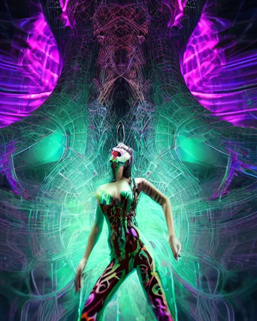 Image similar to a powerful energy psychedelic matrix sorceress, by alexander fedosav, hyper detailed digital matte painting, concept art, hyperrealism, 1 6 k resolution, cinema 4 d, 8 k resolution, trending on artstation, behance hd, a masterpiece, by stephan martiniere, particles, cel - shaded, power bright neon energy, by david a. hardy,