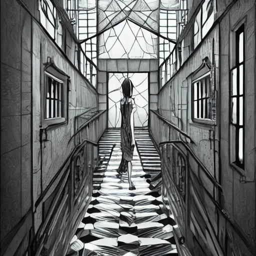 Prompt: a creepy woman walking through a bright white staircase with many doors and hallways, mc escher architecture, very detailed background, epic composition, anime key visual, anime style, by makoto shinkai