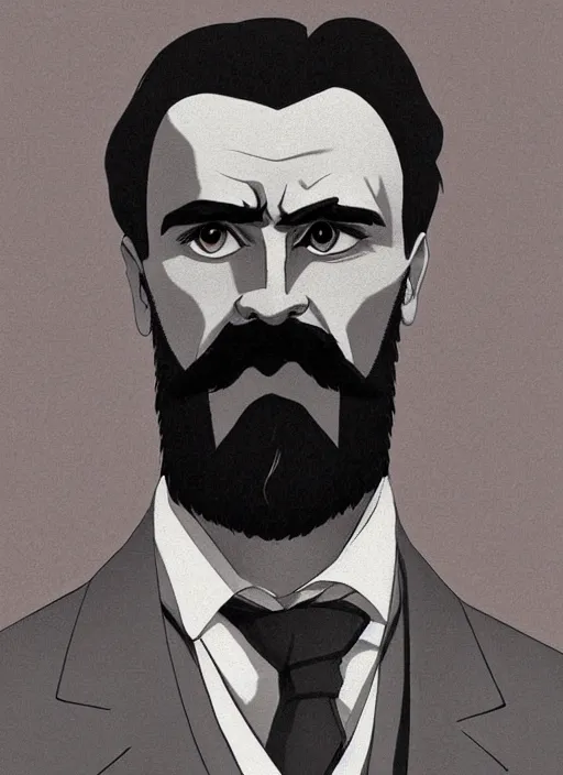 Prompt: ultimate Gigachad Friedrich Nietzsche with a chiseled Jawline and serious Look, in his suit, in the Style of Artgerm and Charlie Bowater and Atey Ghailan and Mike Mignola, vibrant colors and hard shadows and strong rim light, Comic Cover Art, plain background, trending on artstation