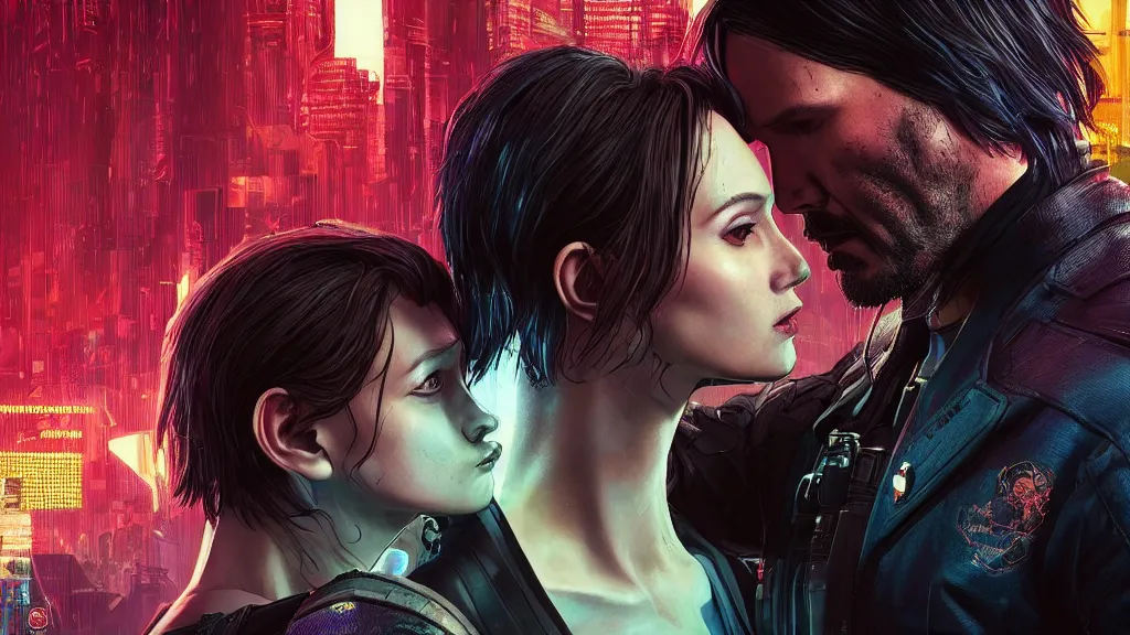 Image similar to a cyberpunk 2077 srcreenshot couple portrait of Keanu Reeves and female android final kiss,love,film lighting,by Laurie Greasley,Lawrence Alma-Tadema,Andrei Riabovitchev,Dan Mumford,John Wick,Speed,Replicas,artstation,deviantart,FAN ART,full of color,Digital painting,face enhance,highly detailed,8K,octane,golden ratio,cinematic lighting