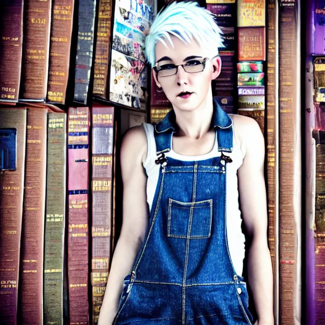 Prompt: full body pose, beautiful female adult library fairy, androgynous, short white hair shaved sides, dirty, grungy, grunge, overalls, stacks of giant books, highly detailed, 4 k, hdr, smooth, sharp focus, high resolution, award - winning photo, artgerm, photorealistic