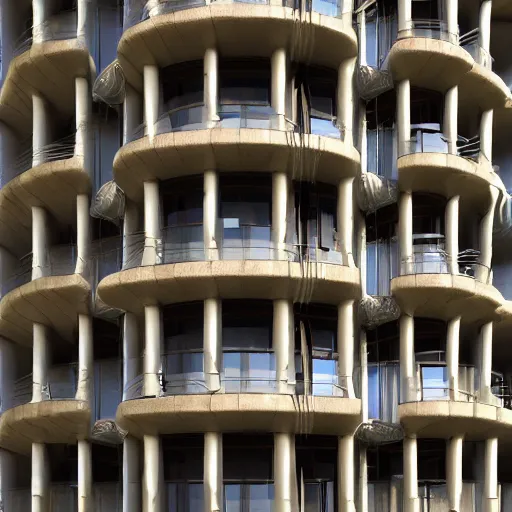 Image similar to architecture photo of a wavy building with many balconies made from ligaments and bones and tendons and tissue 8 k detailed hd digital render steampunk
