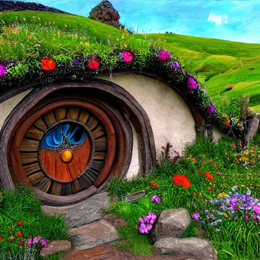 Prompt: hobbiton landscape with huge jewels all around, fantasy, rock, high detail