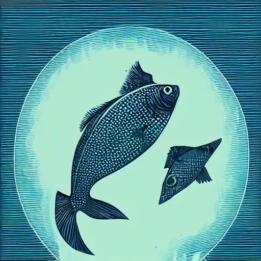 Image similar to profile of one stylized fish in center of view, dark ocean, complex patterns, artstation, intricate, realistic, highly detailed, digital painting, concept art, sharp focus, illustration by tom whalen and charles williams and kilian eng and james jean