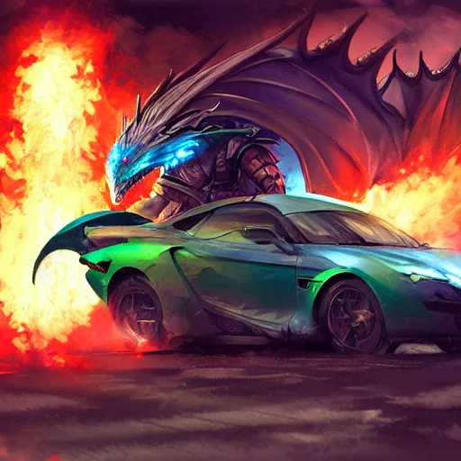 Image similar to dragon fire vs blue armor knight shield, close up, anime, green car hatchback, desert landscape, greg manchess, akehiko inoue and ross tran, Pyromallis Nekro Rene Margitte