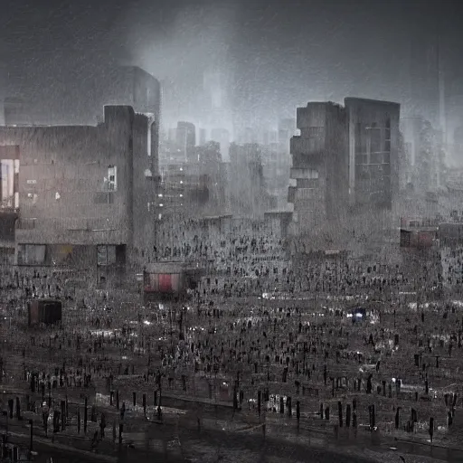 Prompt: Digital art, trending on Artstation, Dark and rainy mega city with towering walls built to block the migrants of the coming climate change migrant crisis showing piles of hundred bodies outside to maintain a quality of life for those who can survive the severe and deadly weather patterns observing small children targeted by advanced military style drones, dystopian, octane render, pbr render, highly detailed, tilt shift background, wide depth of field, 8k, 35mm film grain