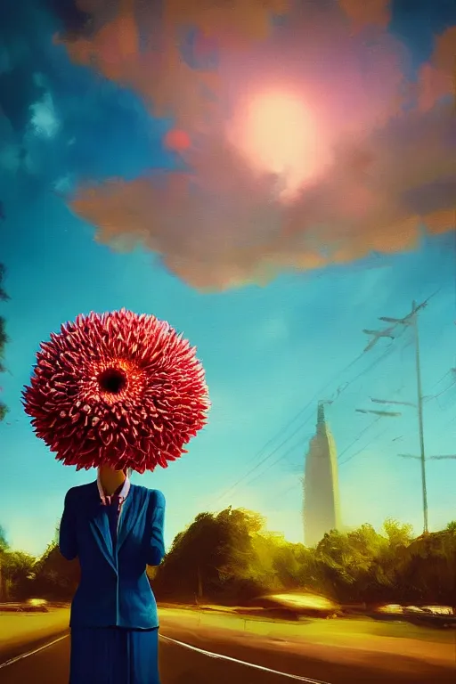 Image similar to closeup giant dahlia flower head, girl in a suit on a street, surreal photography, blue sky, sunrise, dramatic light, impressionist painting, digital painting, artstation, simon stalenhag