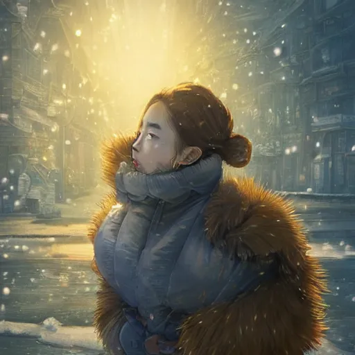 Prompt: the portrait a beautiful grocery young asia woman in down jacket, with a goose ， the background is dust earth road ， river winter an snow, illustration by kim jung gi, irakli nadar, bright colors, octopath traveler, wenjun lin, unreal engine 5 highly rendered, global illumination, radiant light, detailed and intricate environment