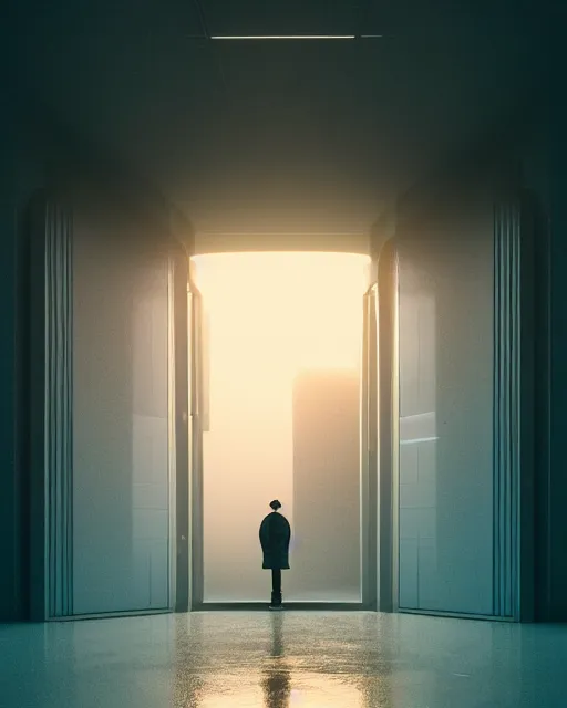 Image similar to a person standing in front of an open door, poster art by mike winkelmann, trending on cg society, space art, sci - fi, ue 5, futuristic, volumetric lighting