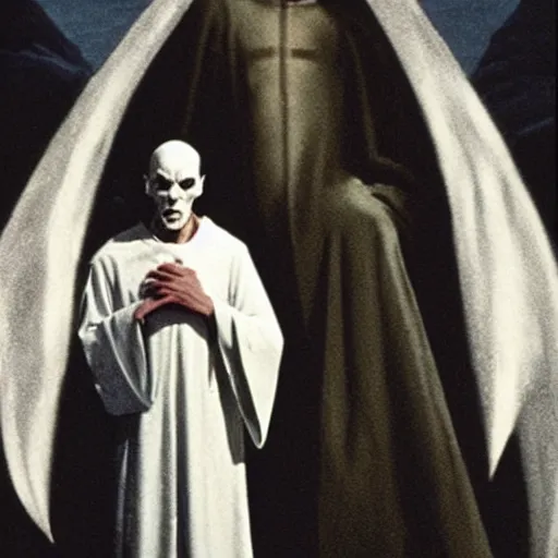 Prompt: jesus in white robes is standing behind nosferatu, about to sink his sharp teeth into nosferatu's neck. nosferatu has a halo over his head