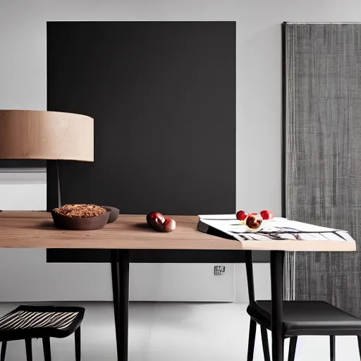 Prompt: cherry wood and black plastic table, modern style, magazine photograph, realistic