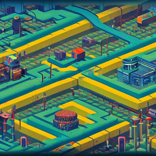 Image similar to isometric videogame landscape in the style of Simon Stålenhag and H. R. Giger, detailed, trending on Artstation