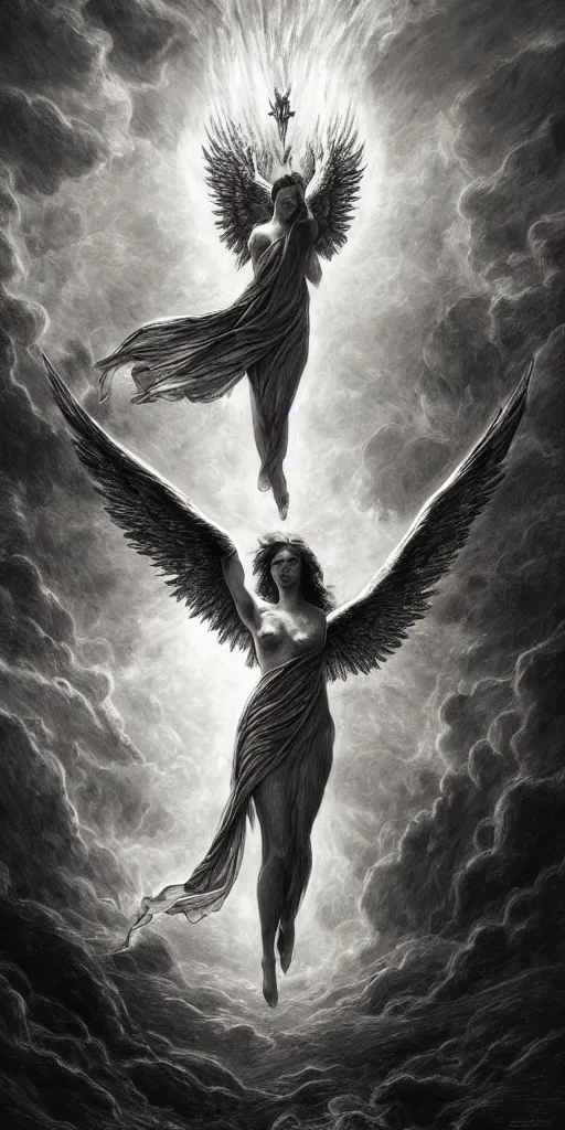 Image similar to burning wings of mighty angel lucifer falling from the heavens, elegant, beautiful, engraving, concept art, elden ring, illustration, smooth, sharp focus, by gustave dore and greg rutkowski, hyper realistic, ephemeral, dramatic lighting, fantasy art, in the style of midjourney, intricate, alphonse mucha, hyper detailed