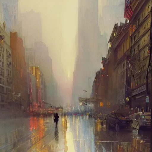 Image similar to a beautifull intricate watercolour painting of a new york city scene, reflexions, verry high details by william turner art, greg rutkowski and alphonse mucha, trending on artstation, very very detailed, masterpiece, muted colors