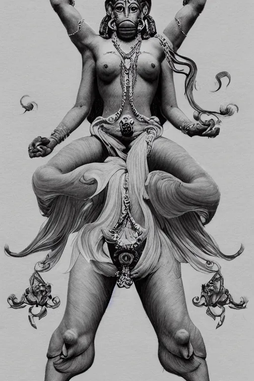 Image similar to a full body portrait of a beautiful ornated hanuman god, leaping pose, hindu stages of meditation, intricate, elegant, highly detailed, digital painting, artstation, concept art, smooth, sharp focus, line art illustration for tattoo, art by krenz cushart and artem demura and alphonse mucha