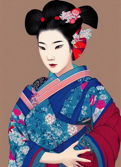 Image similar to female geisha girl, beautiful face, rule of thirds, intricate outfit, spotlight, colourful, by leng jun, digital painting