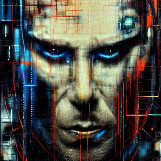 Prompt: hyperrealistic portrait of a cyberpunk man in cyberspace, by Guy Denning, Johannes Itten, Russ Mills, hacking effects, detailed eyes, angry, detailed lines, color blocking!, acrylic on canvas, insane detail, intricate, front view, symmetrical, octane, concept art, abstract, artistic, 8k, cinematic, trending on artstation