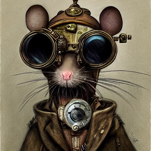 Image similar to a rat with steampunk googles, by john howe