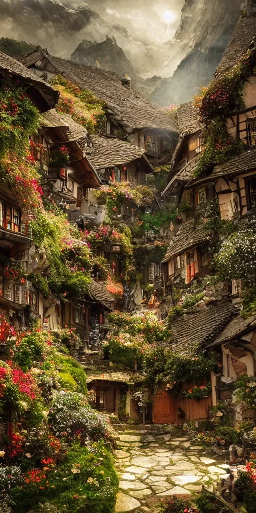 Image similar to my precious! - the hobbit - j. r. r. tolkien - a medieval village in switzerland, ornate, beautiful, atmosphere, vibe, flowers, concept art illustration, greg rutowski, volumetric lighting, sunbeams, particles